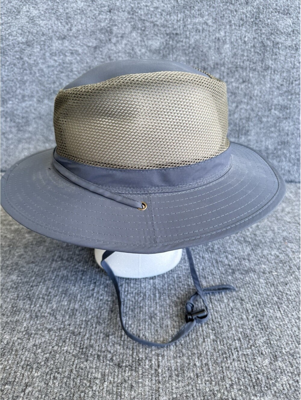 Panama Jack Safari Sun Hat Large Gray Mesh Vent Wide Brim Chin Strap Nylon.